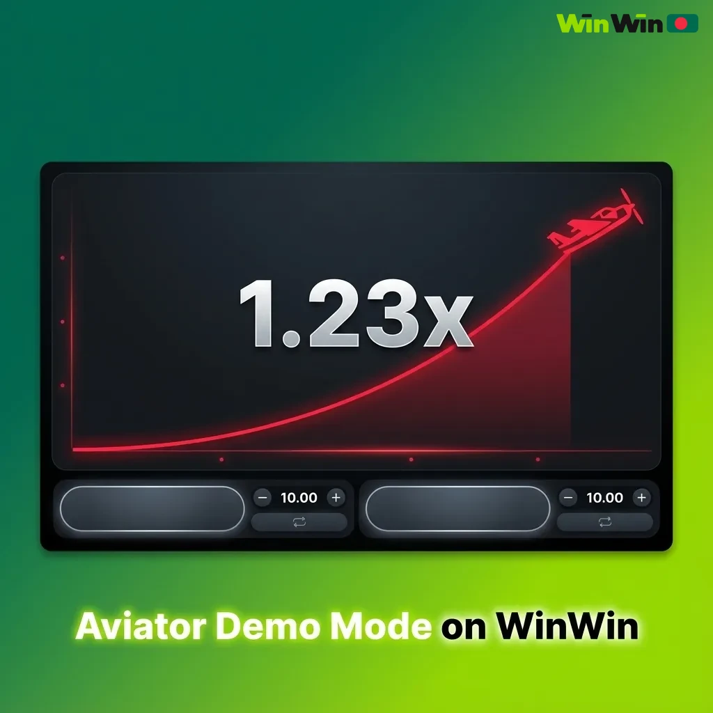 WinWin Aviator demo screen showing red plane, rising multipliers, virtual balance, and betting controls for practice