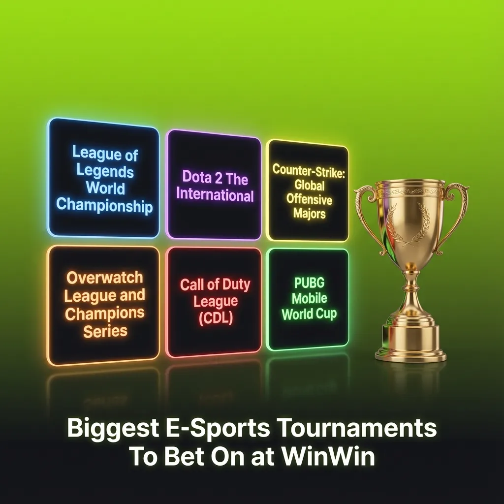 Table of top esports tournaments to bet on at WinWin, listing Dota 2, CS2, LoL, Valorant, SC2 and mobile titles