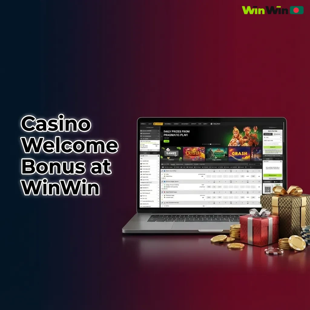 WinWin casino welcome bonus banner showing 200% first deposit offer and 150 free spins for new players from Bangladesh