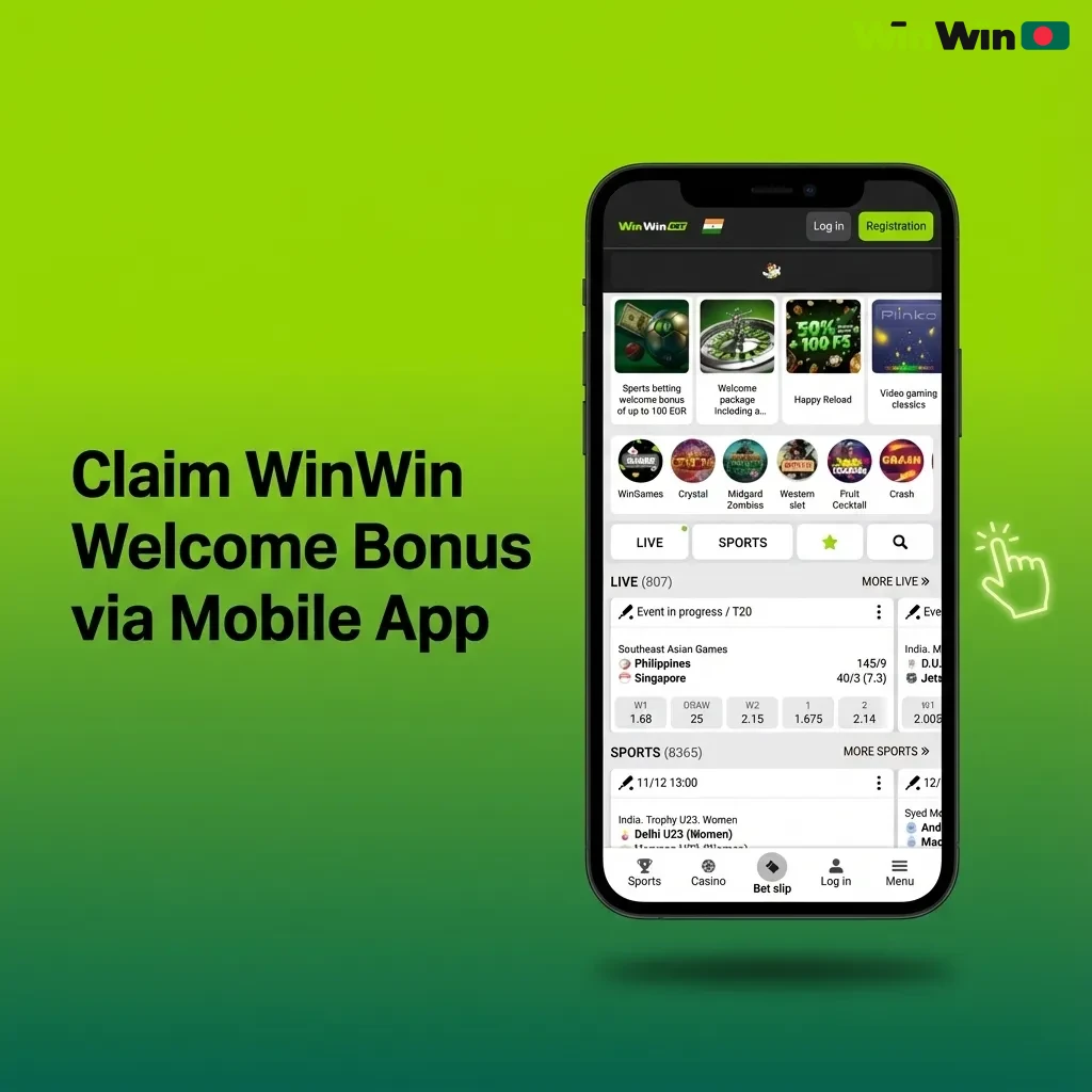 Smartphone with WinWin app screens showing signup, deposit steps, and welcome bonus activation on mobile