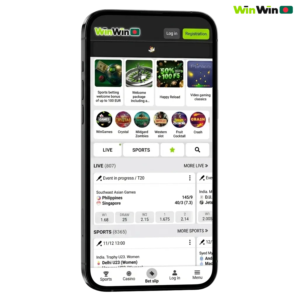 WinWin app download screen on a smartphone showing Bangla/English sports betting, casino, and payment options in Bangladesh