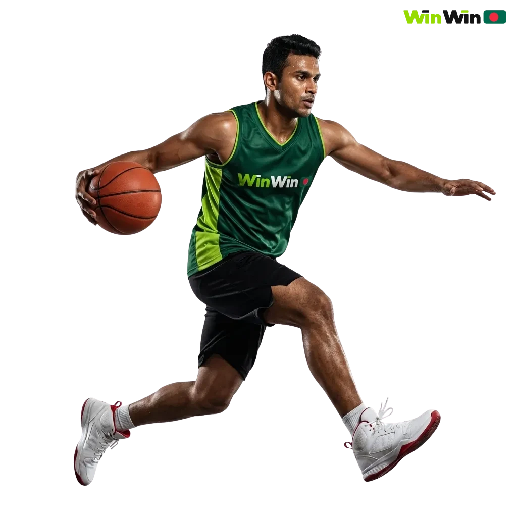 Bangladeshi user on laptop browsing WinWin betting site with sports icons and casino games highlighted