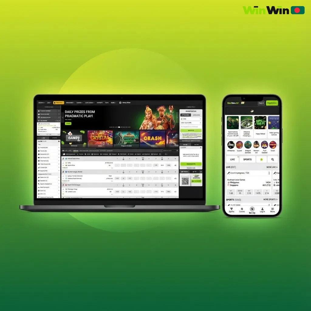 WinWin Bangladesh website interface with top nav for games, left sidebar tournaments, and header showing balance and bet slip
