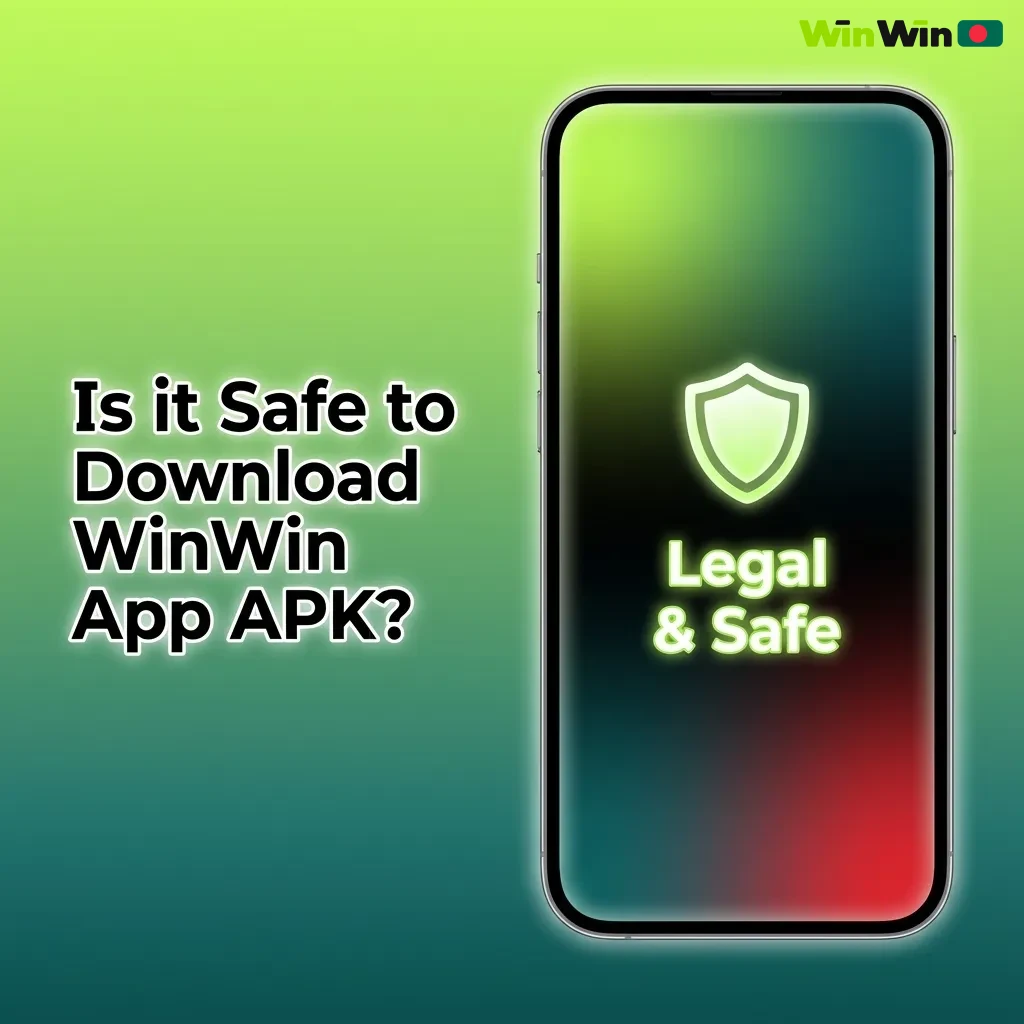 Phone screen showing WinWin app with secure padlock icon and text about licensed, encrypted gambling safety
