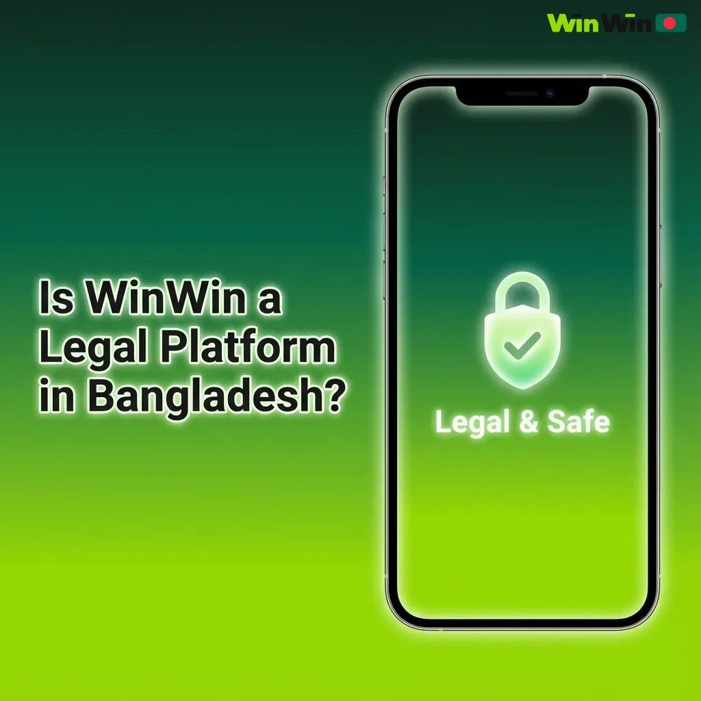 Illustration of WinWin betting platform in Bangladesh with legal license, security icons, and responsible gaming tools displayed