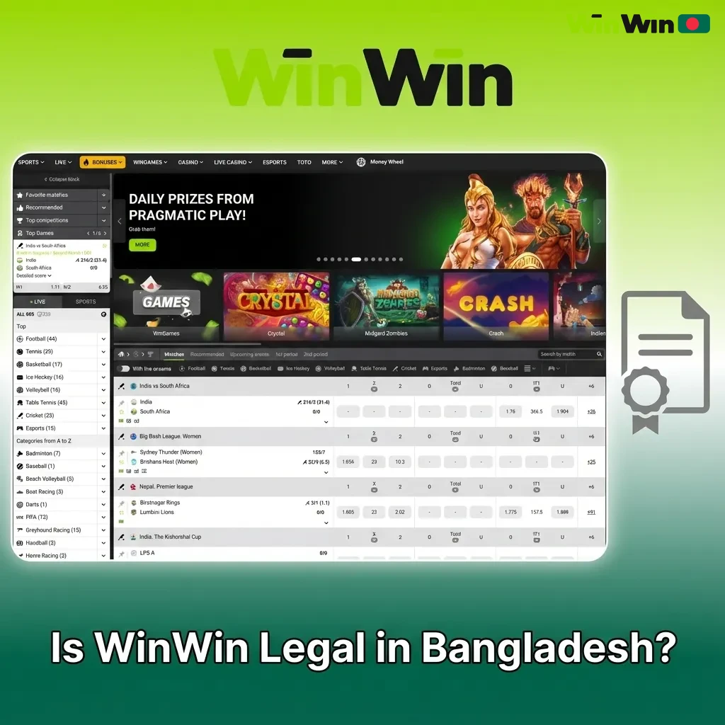 Informational graphic explaining WinWin’s Curacao eGaming license and legal status for players from Bangladesh