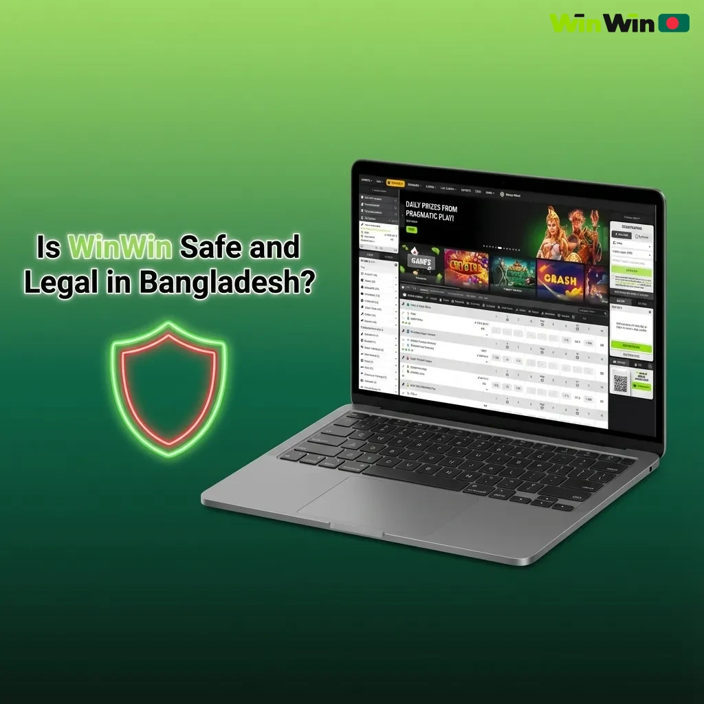 Illustration asking if WinWin is safe and legal in Bangladesh, highlighting licensing, security, KYC, and local law checks