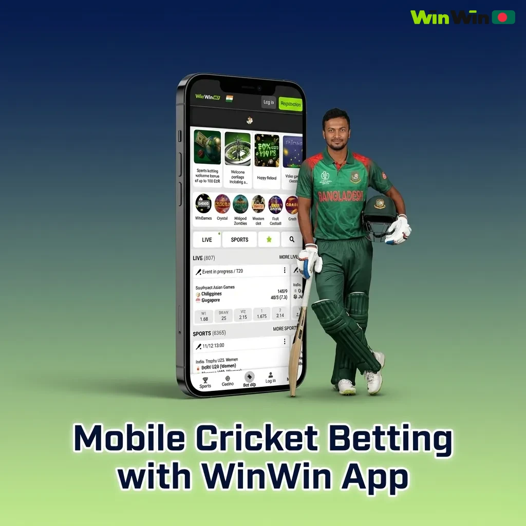 Smartphone screen showing WinWin app interface for live cricket betting in Bangladesh on Android and iOS