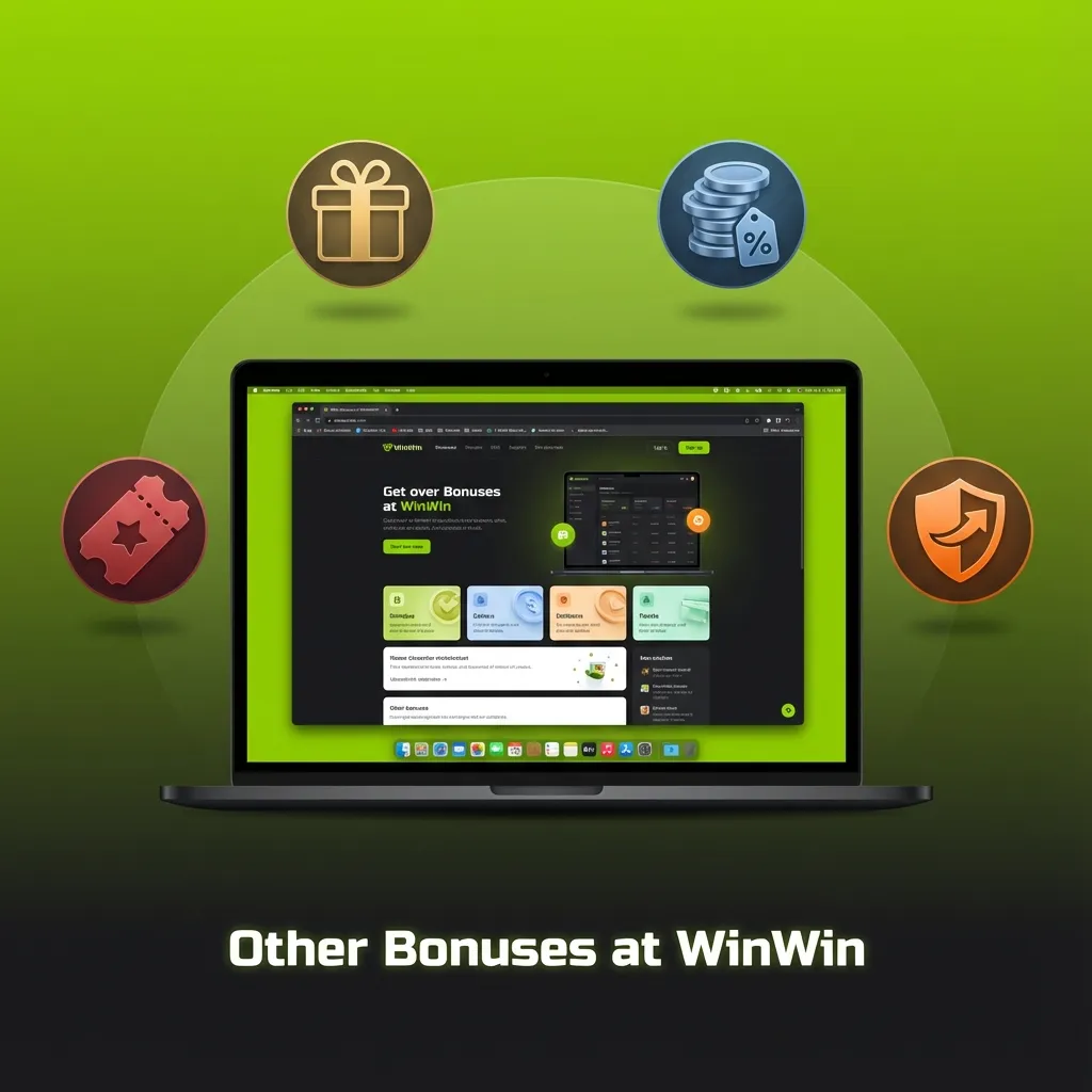 Graphic showing WinWin reload, free spins, cashback, and sports betting bonuses with brief benefit descriptions