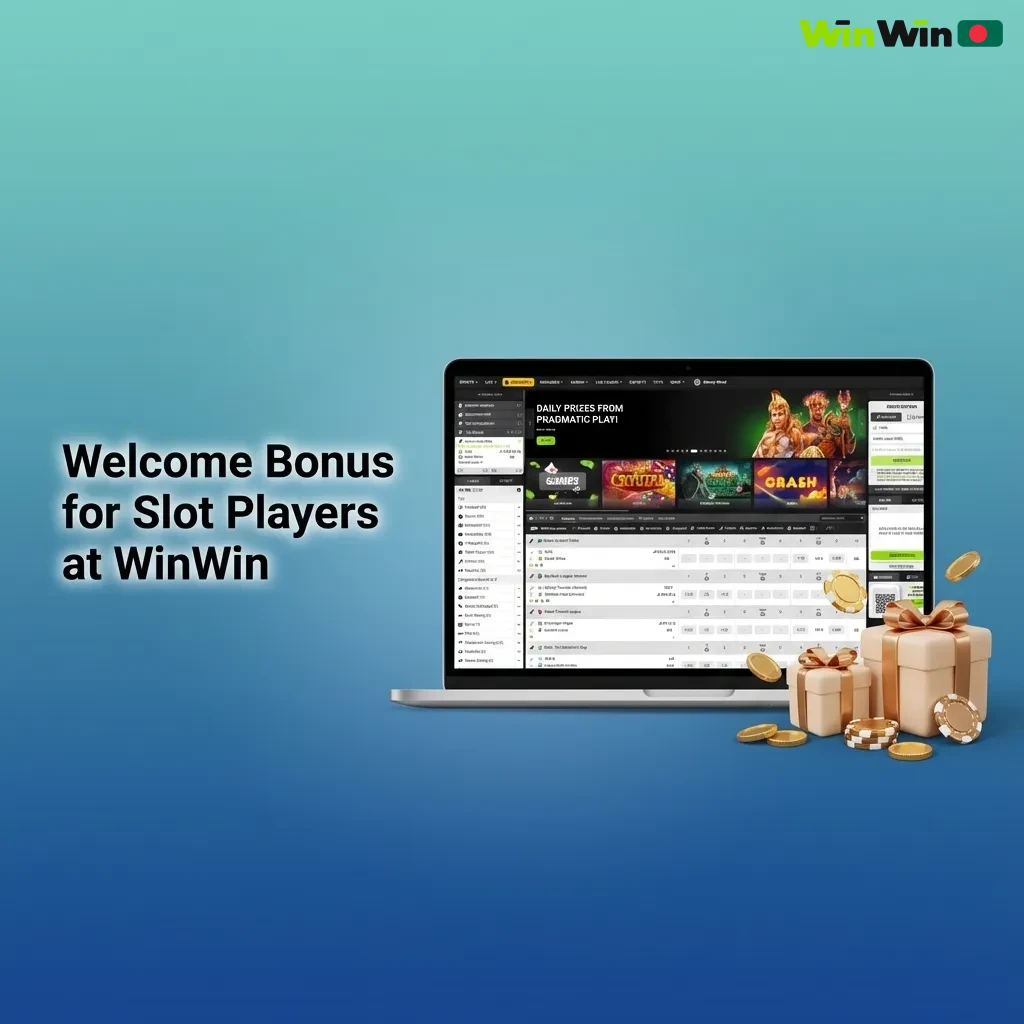 WinWin welcome bonus banner for Bangladeshi slot players, showing 200% first deposit offer and 150 free spins promotion
