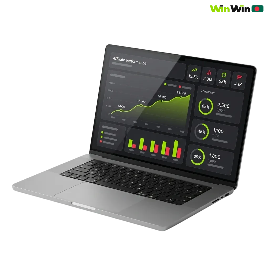 Banner promoting WinWin Affiliate Program for Bangladeshi betting traffic, highlighting earnings, local payouts, and manager support