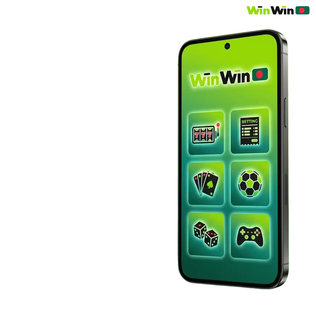 WinWin Android app screen on a smartphone showing betting markets and casino games, available in Bangladesh