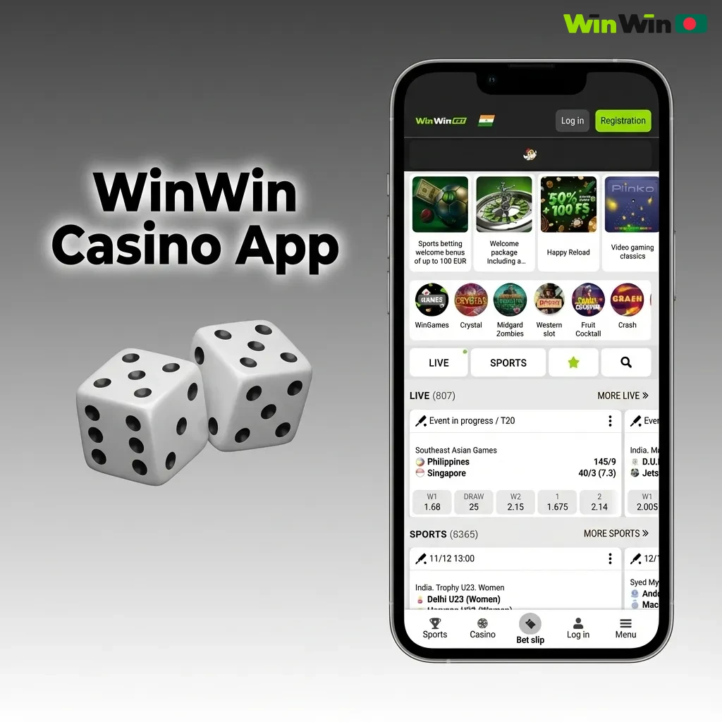Mobile screen showing the WinWin casino app with slots, live dealer tables, sports bets, and featured promos on the dashboard