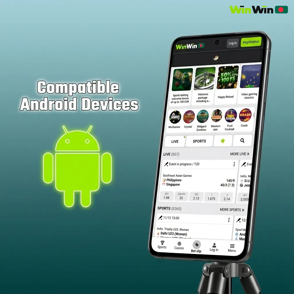 Collage of compatible Android phones in Bangladesh with labels like Redmi, Galaxy A, Realme, Infinix, OPPO, Vivo, OnePlus