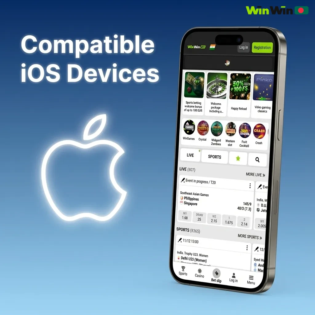 Image showing WinWin iOS app with various recent iPhone and iPad models listed as compatible devices