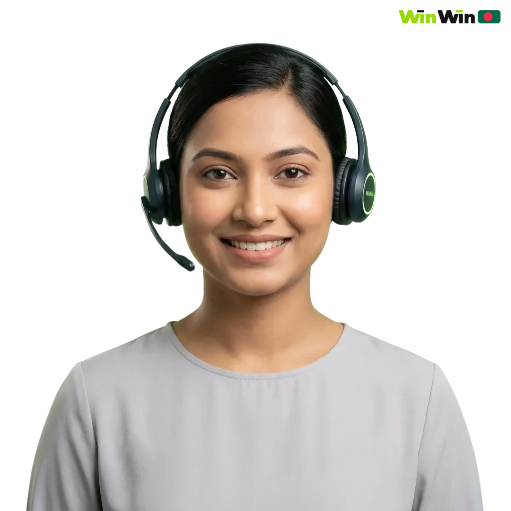 WinWin Contacts in Bangladesh page showing support options: email, live chat, phone, messengers, and social networks