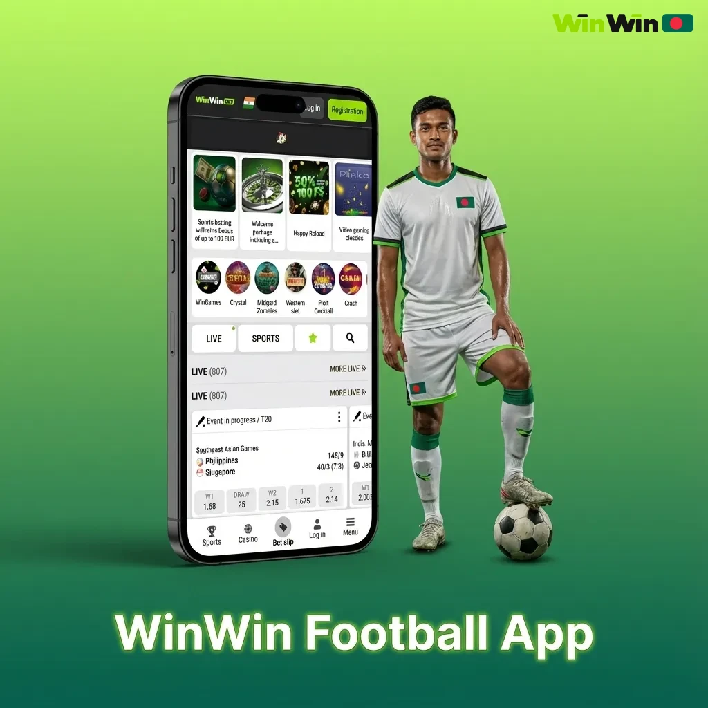 Person using the WinWin football betting app on a smartphone, showing match odds and bet slip options.