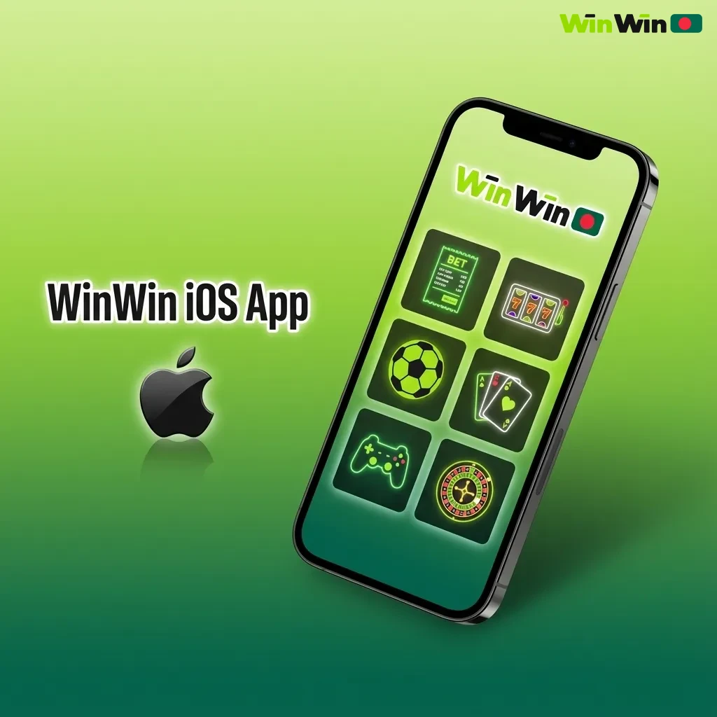 Screenshot of the WinWin iOS app showing sports betting, slots, table games, and live casino on an iPhone interface.