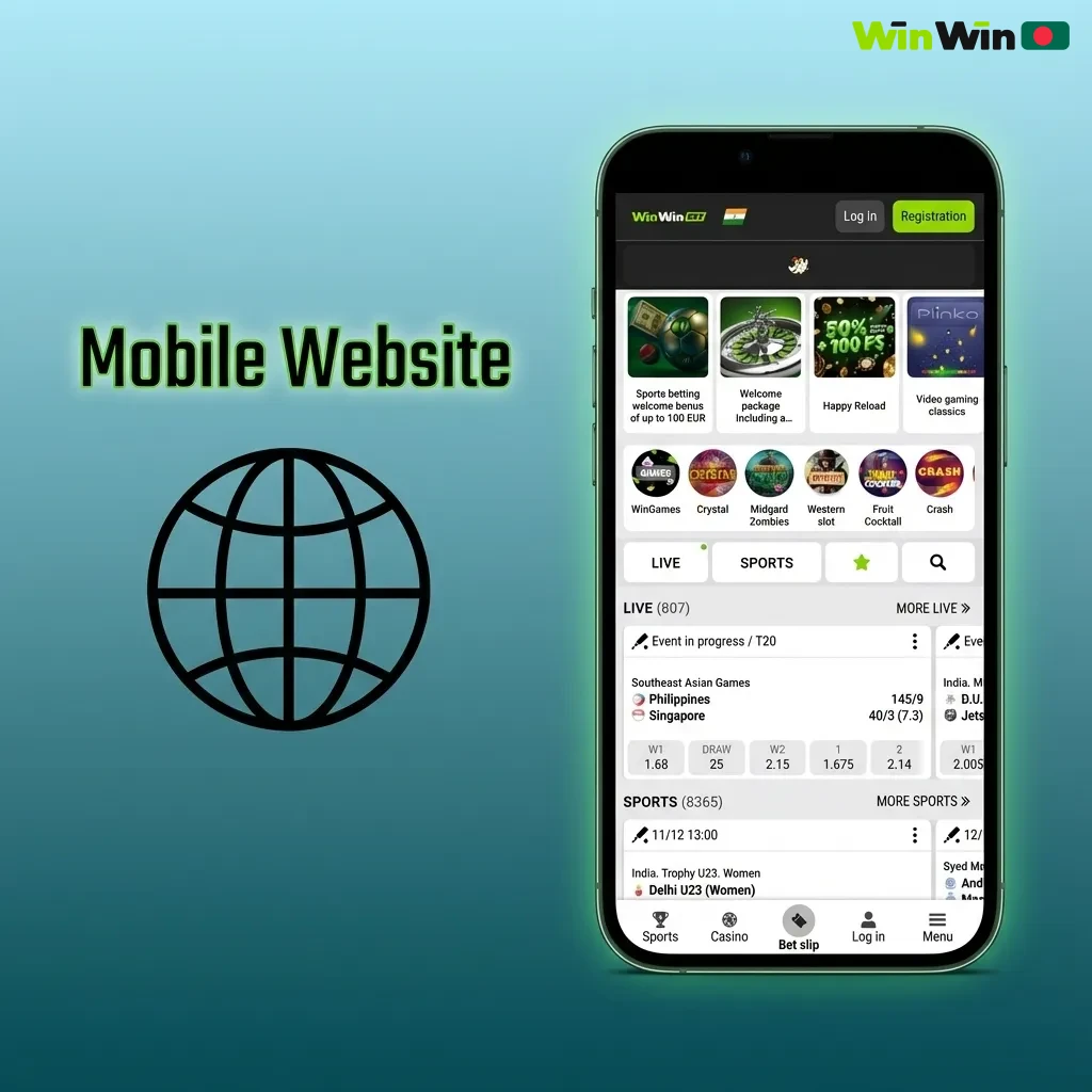WinWin mobile website on a smartphone showing bets, casino games, bonuses, and payment options in a thumb-friendly layout