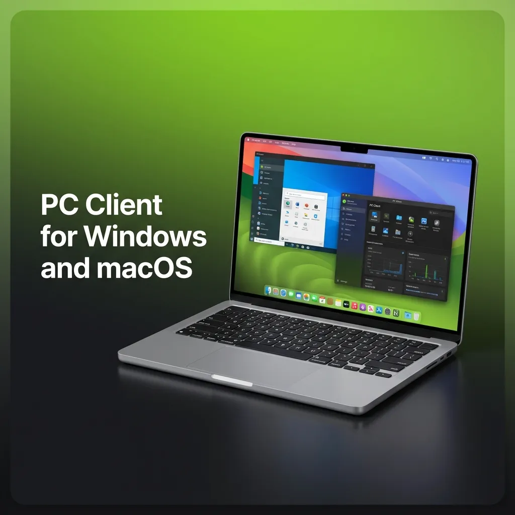 Illustration of WinWin being used in desktop browsers on Windows and macOS, highlighting no separate client is needed