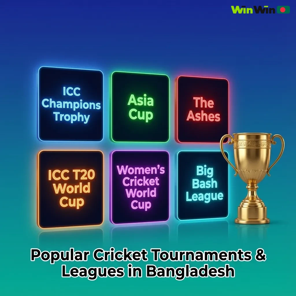 Graphic listing popular global and Bangladeshi cricket tournaments and leagues with online betting options