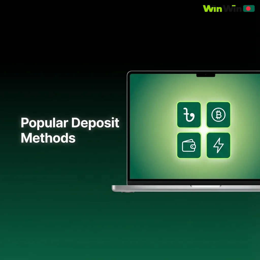 Infographic titled “Popular Deposit Methods” showing icons for Mob Cash, bKash, Nagad, Rocket, Upay, TAP, PerfectMoney, and Crypto