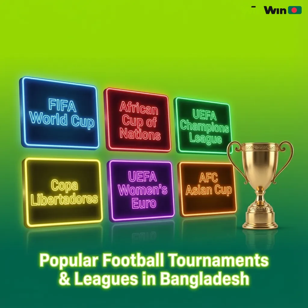 Graphic titled “Popular Football Tournaments & Leagues in Bangladesh” listing major global, European, and Asian football events