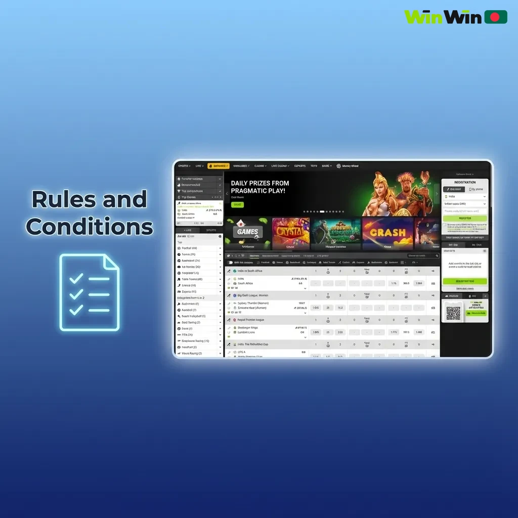 Infographic listing Bangladesh online gambling rules, age 18+, one verified account, KYC, bonus terms, no fraud or multi-accounting