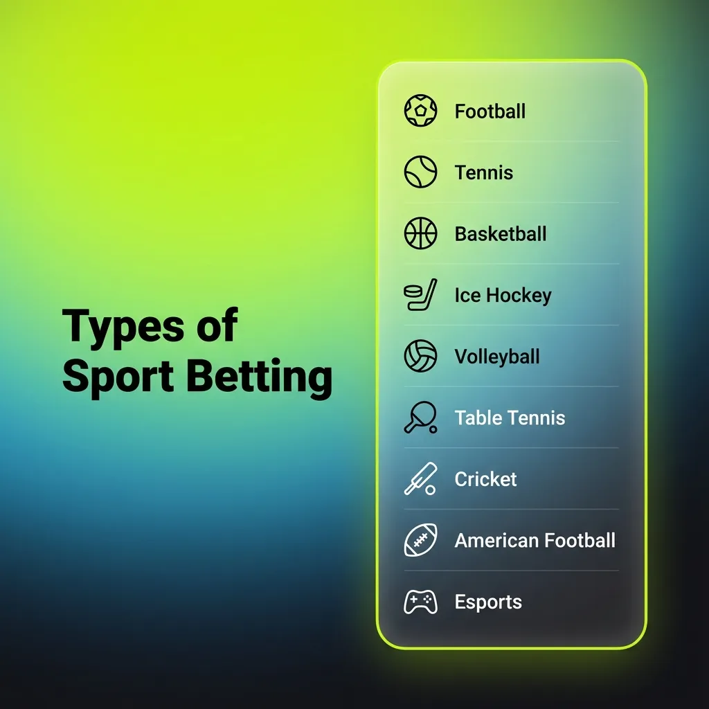 Illustrated banner showing icons for cricket, football, kabaddi, tennis, and basketball with text “Types of Sport Betting”