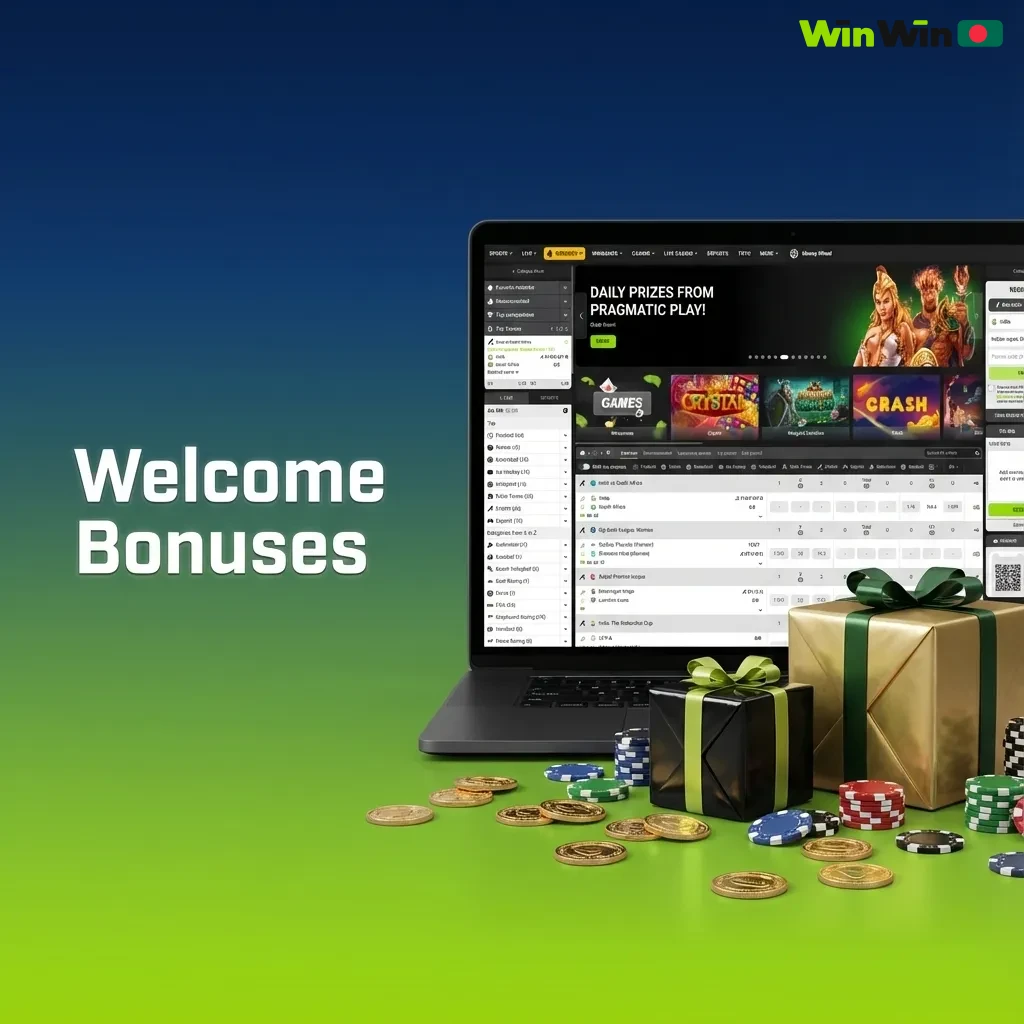 Bangladeshi player viewing a welcome bonus banner: 200% first deposit match plus 150 free spins on selected slot games
