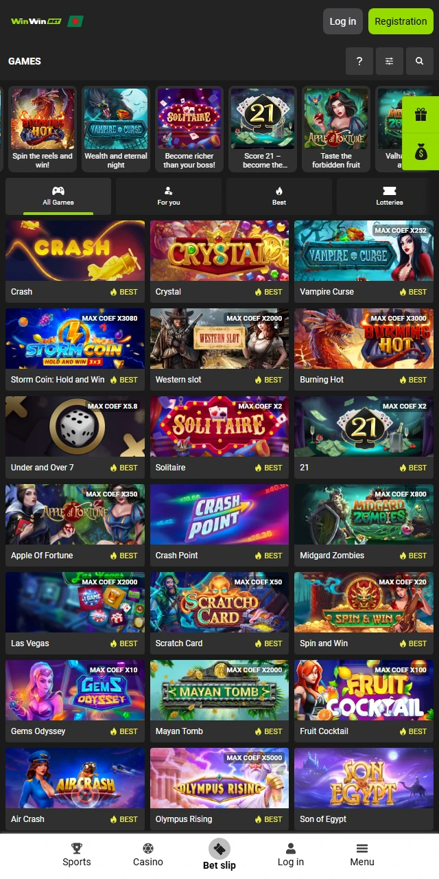 WinWin mobile app casino lobby with optimized slots and live casino for Android and iOS.