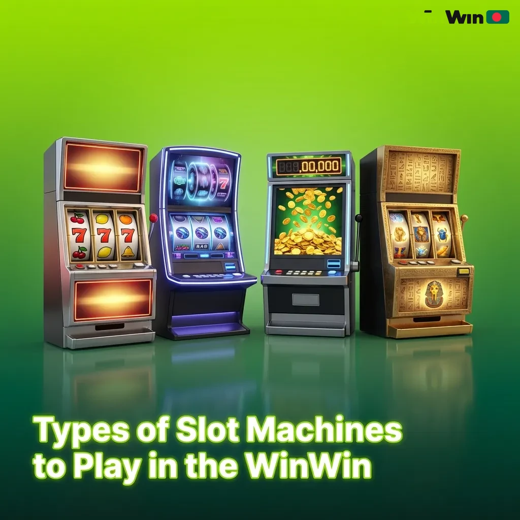 Colorful slot machine reels displaying various game types available at WinWin casino including classic, video, and jackpot slots