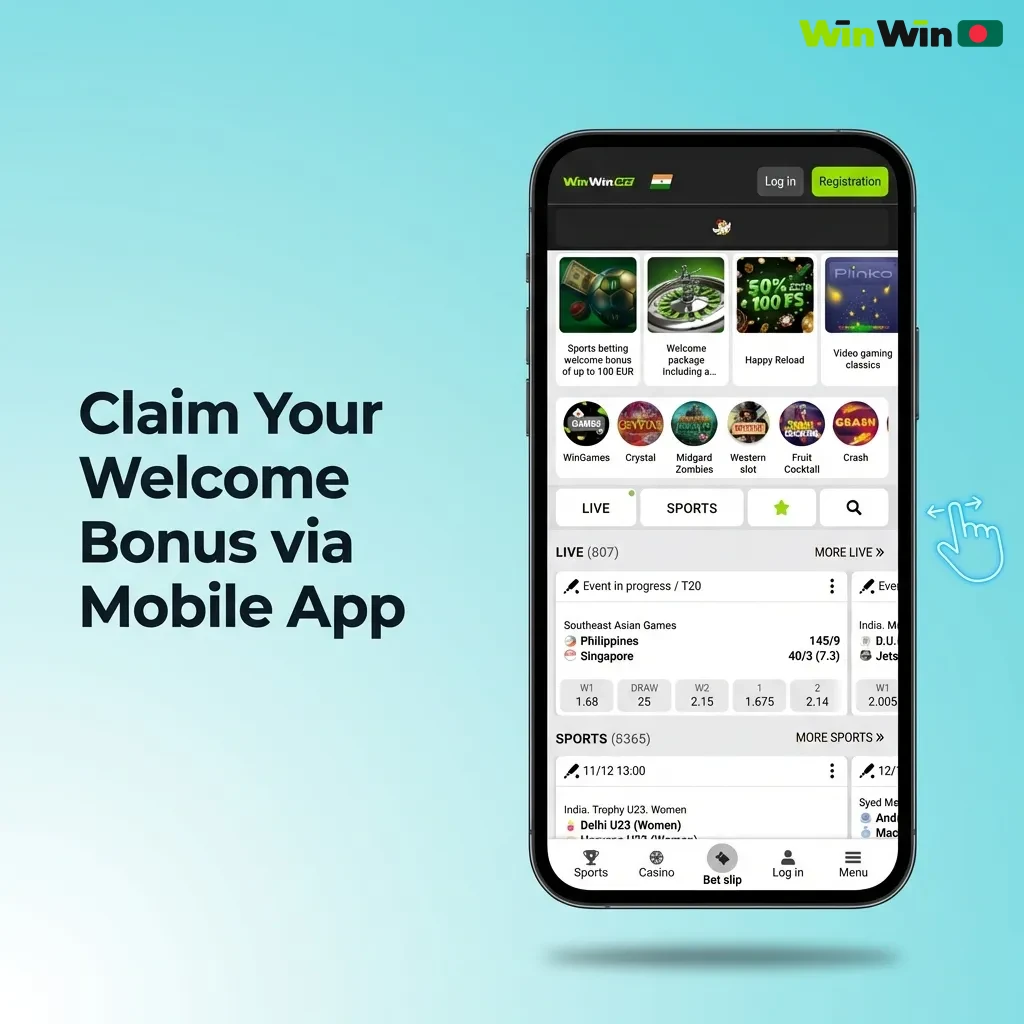 Mobile app interface showing welcome bonus claim process with download, login, deposit, and activation steps