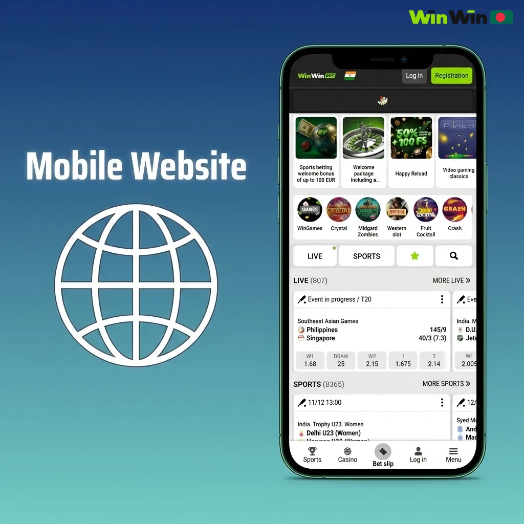 Smartphone displaying responsive mobile website with sports betting markets and casino games interface