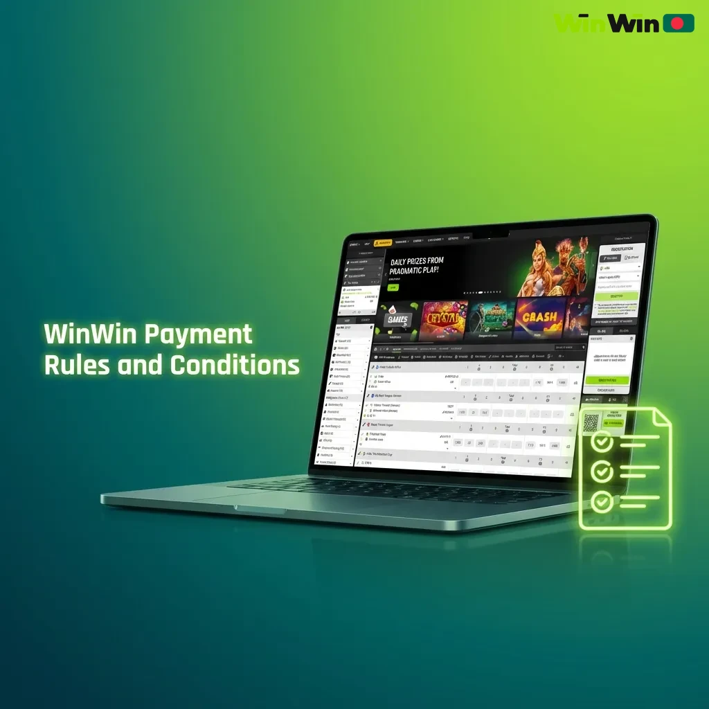 WinWin payment rules diagram showing verification, withdrawal methods, wagering requirements, and currency conversion policies