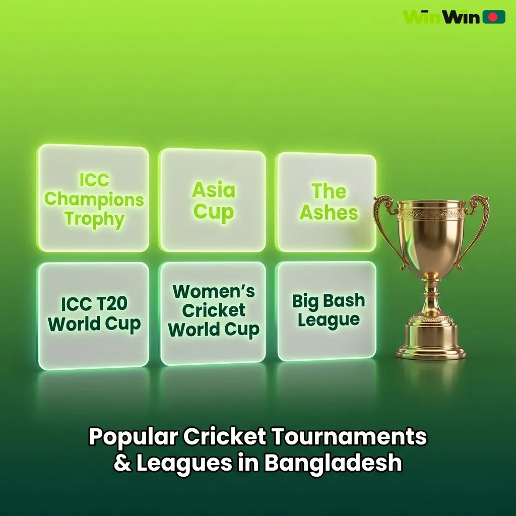 Cricket tournaments including ICC World Cup, T20 World Cup, IPL, and BPL with betting markets and live odds at WinWin