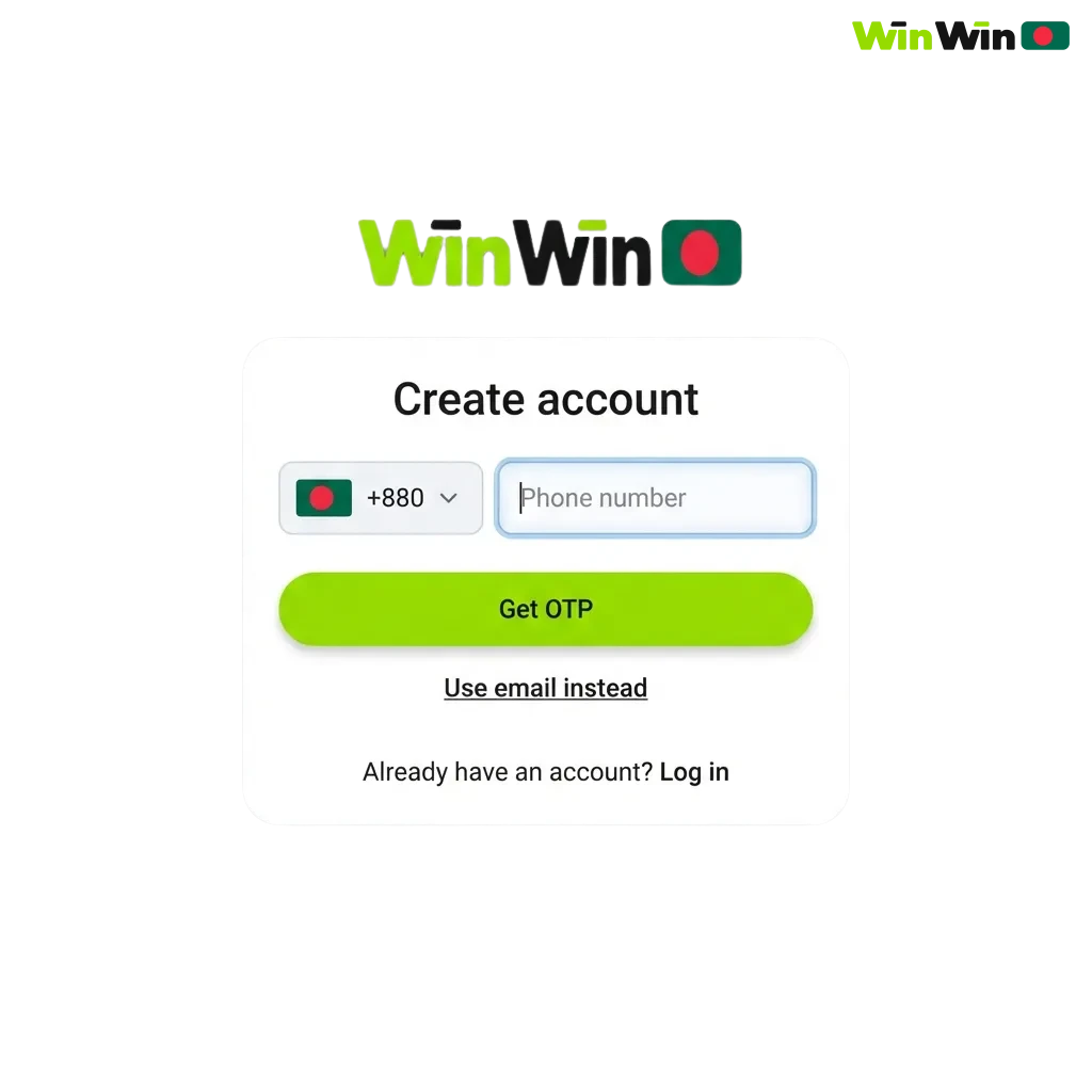 WinWin registration screen showing login form and verification steps for Bangladesh casino and sports betting platform