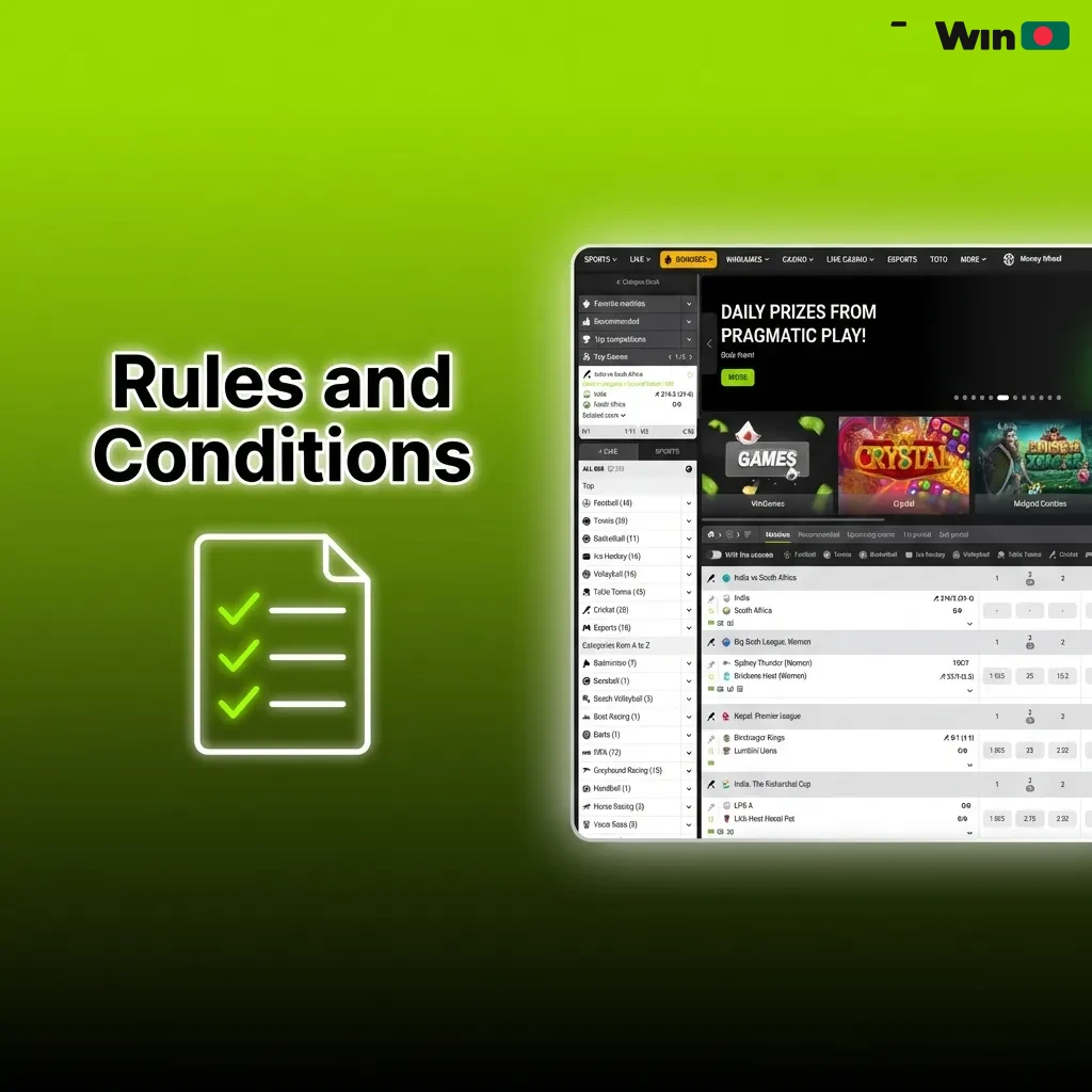Rules and Conditions page showing age requirements, account limits, wagering contributions, and withdrawal verification details.