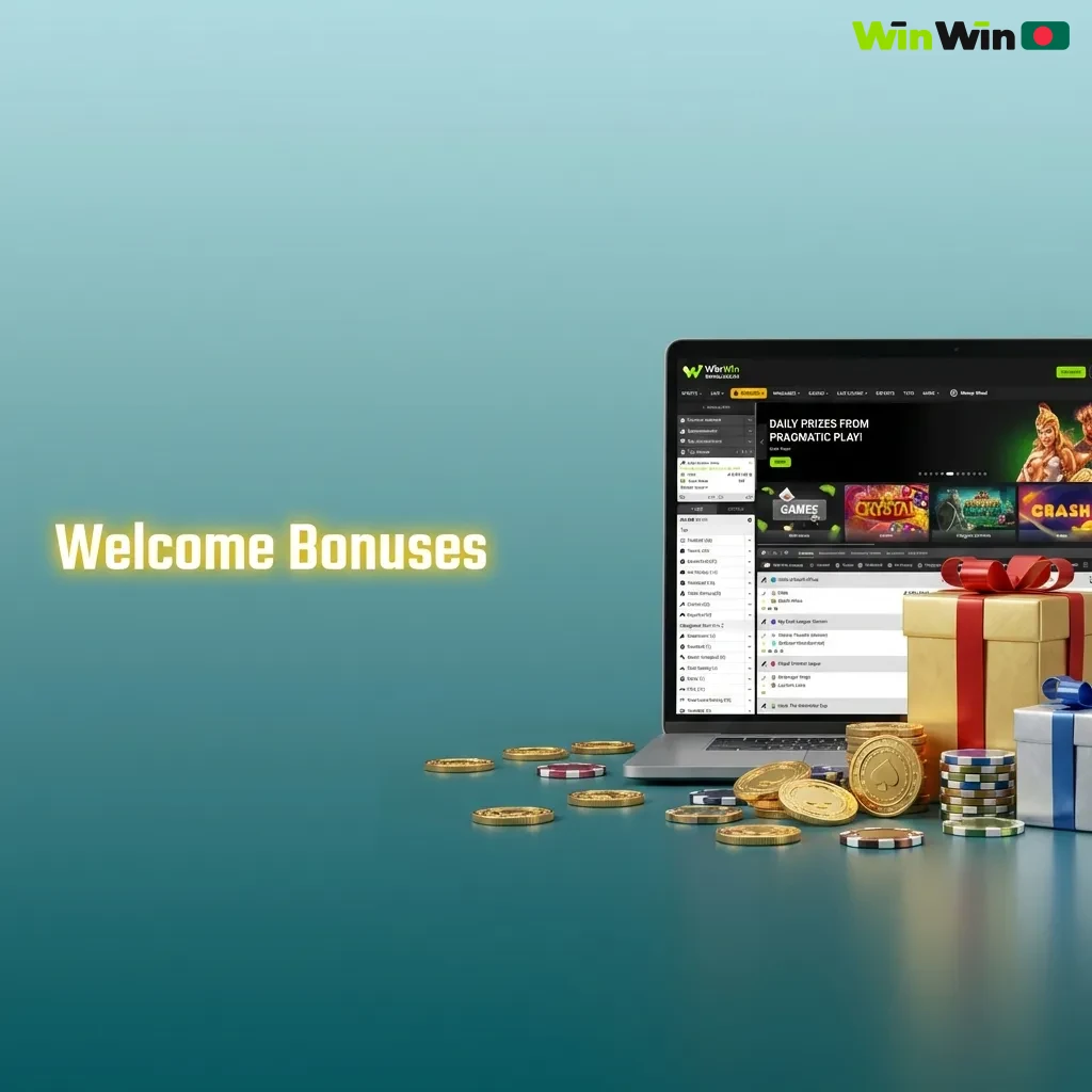 Table showing welcome bonus options: slots bonus 200% plus free spins, live casino 150%, sports betting 100% with requirements