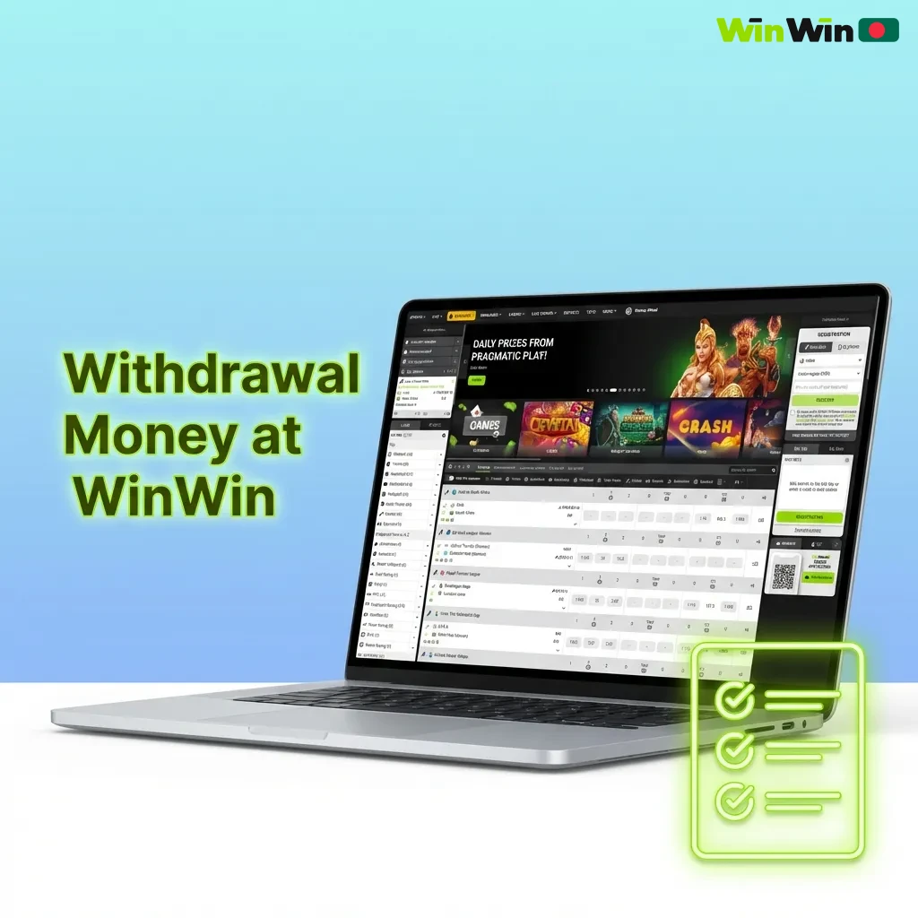 WinWin withdrawal process showing steps to cash out via bKash, Nagad, Rocket, or bank transfer within 24 hours.