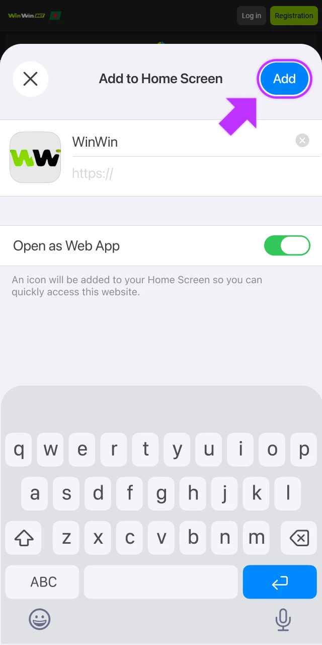 Name the Winwin App shortcut and complete the installation on your iPhone.