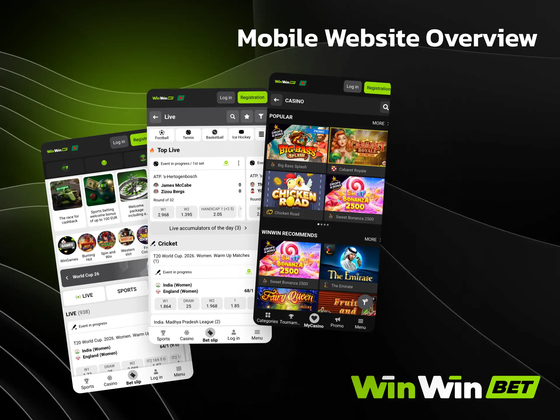 Overview of the WinWin mobile website for betting without downloading an app.