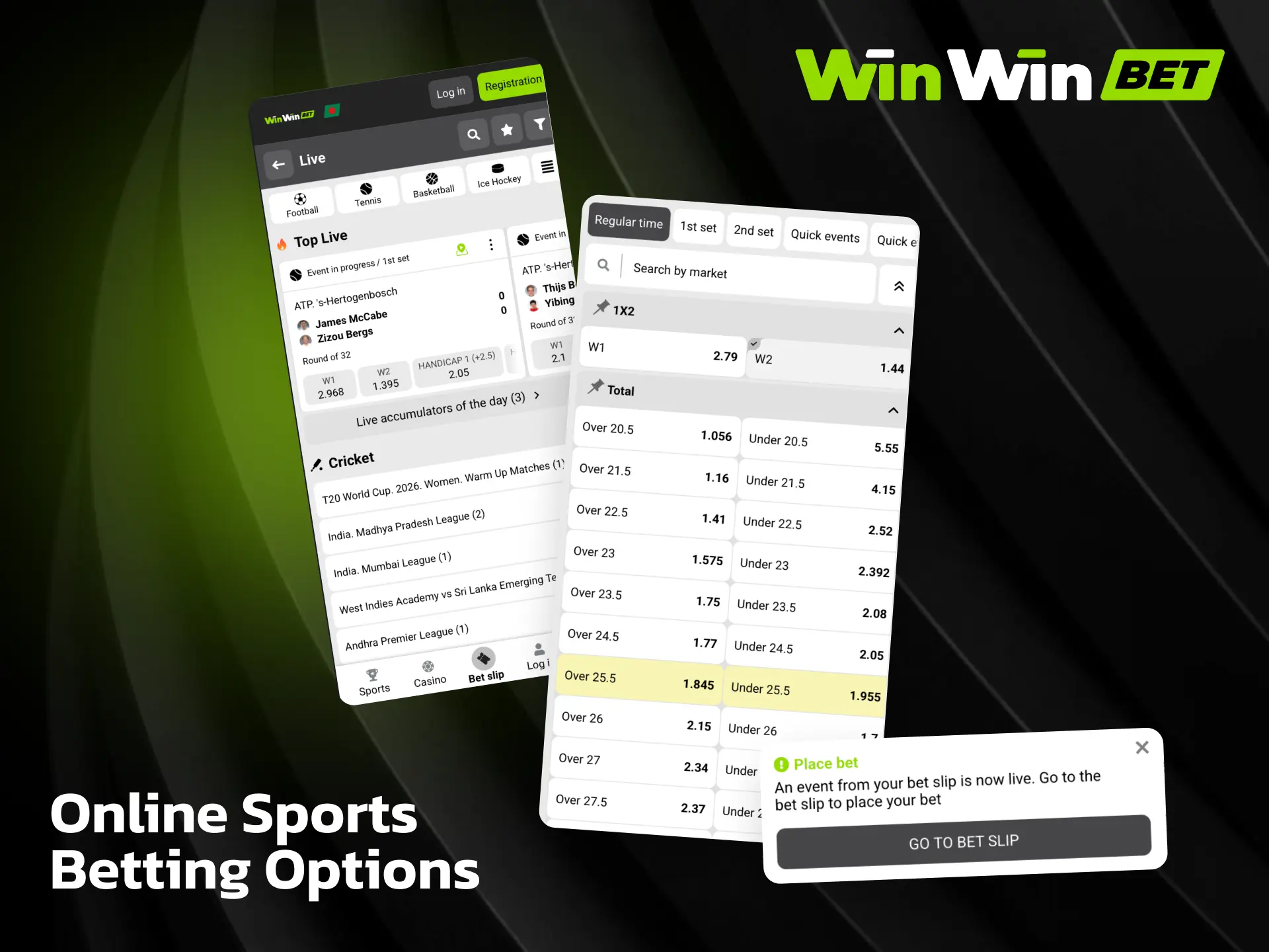 Online sports betting options on WinWin including cricket, football, and tennis.