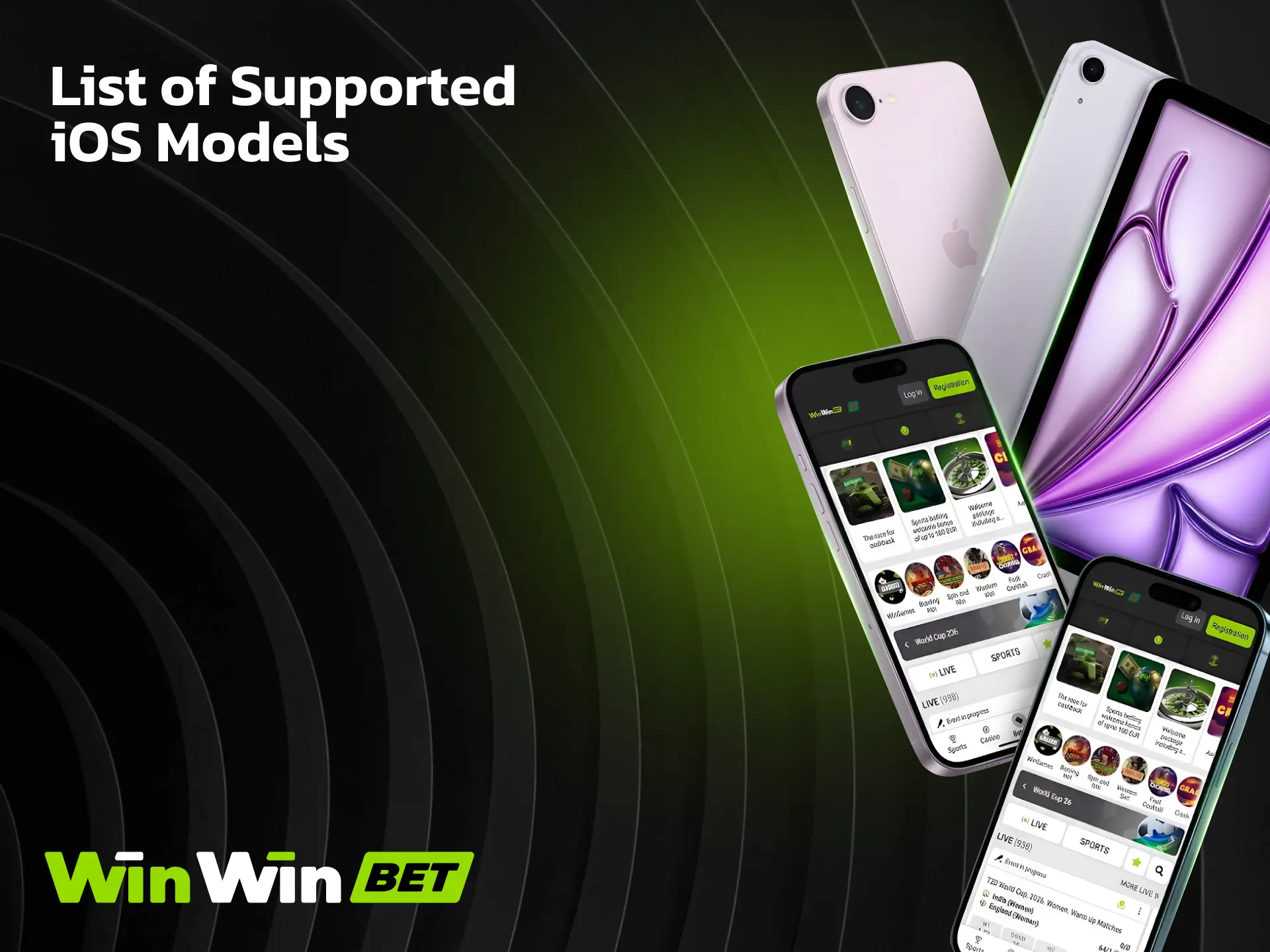 List of supported iOS models for the WinWin app including iPhone and iPad devices.