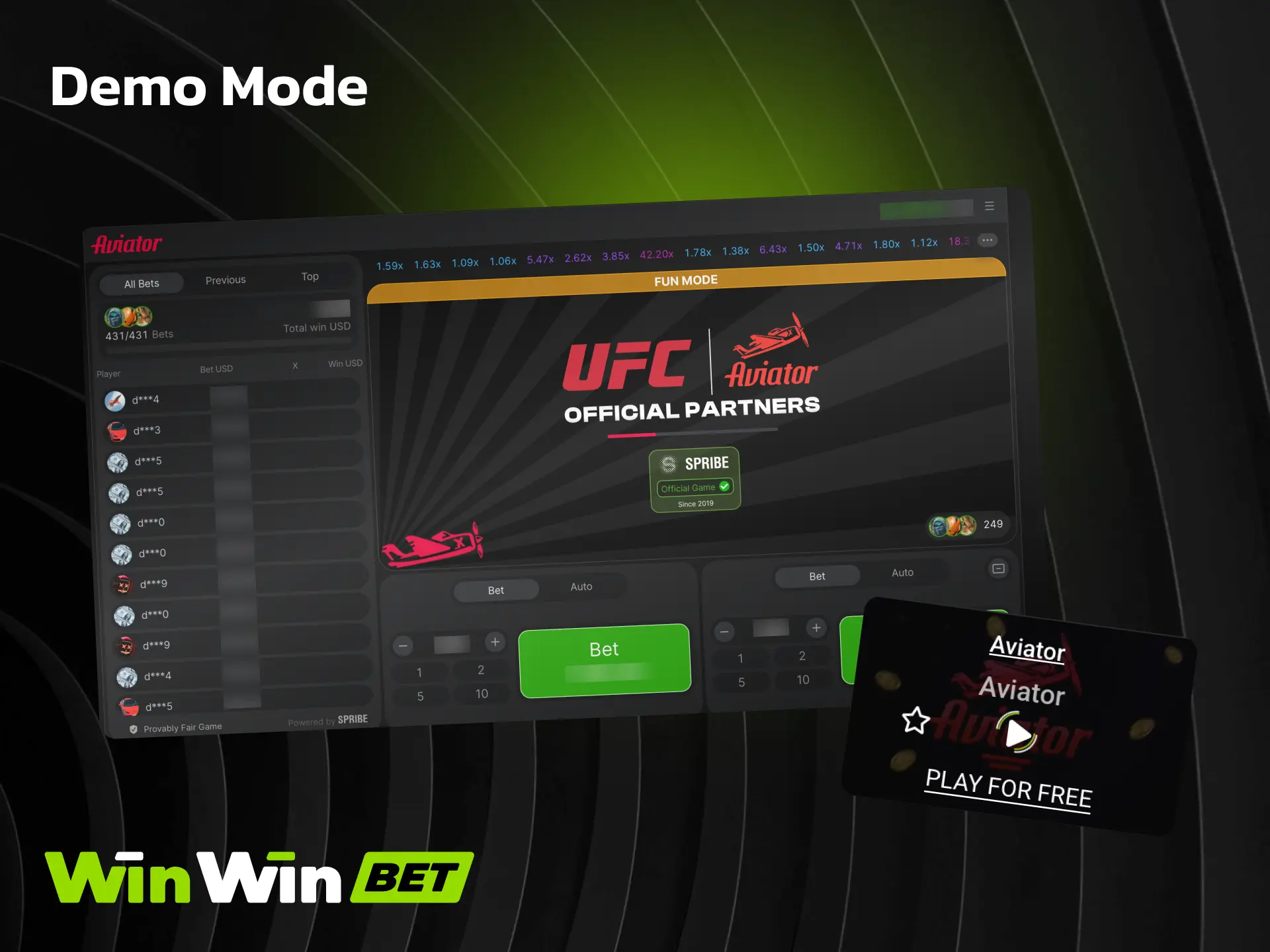 Demo mode for Aviator on WinWin to practice without risking real money.