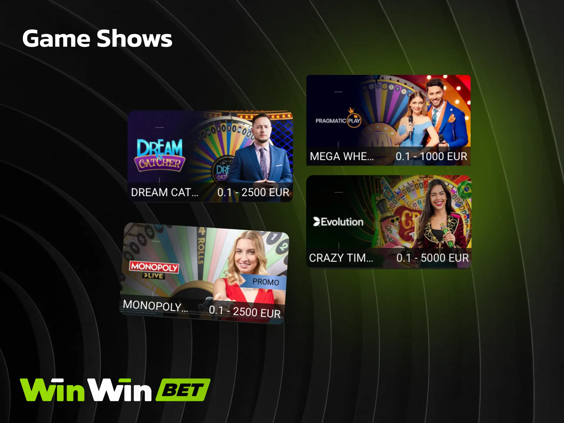 Game shows on WinWin like Crazy Time and Monopoly Live with live hosts.