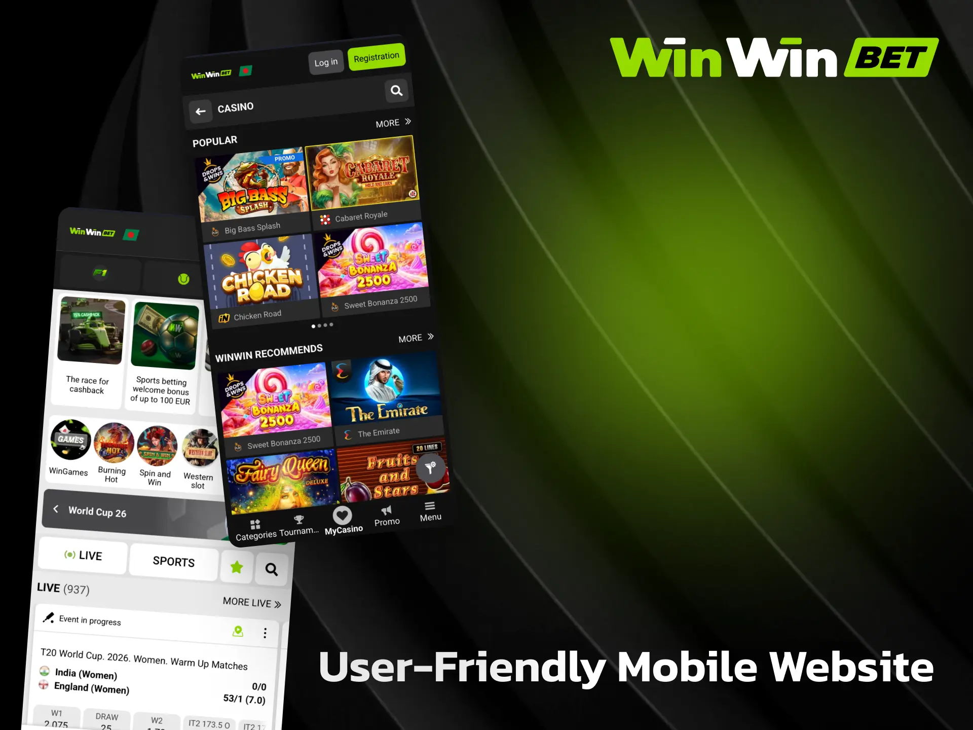 User-friendly WinWin mobile website for playing casino games without downloading an app.
