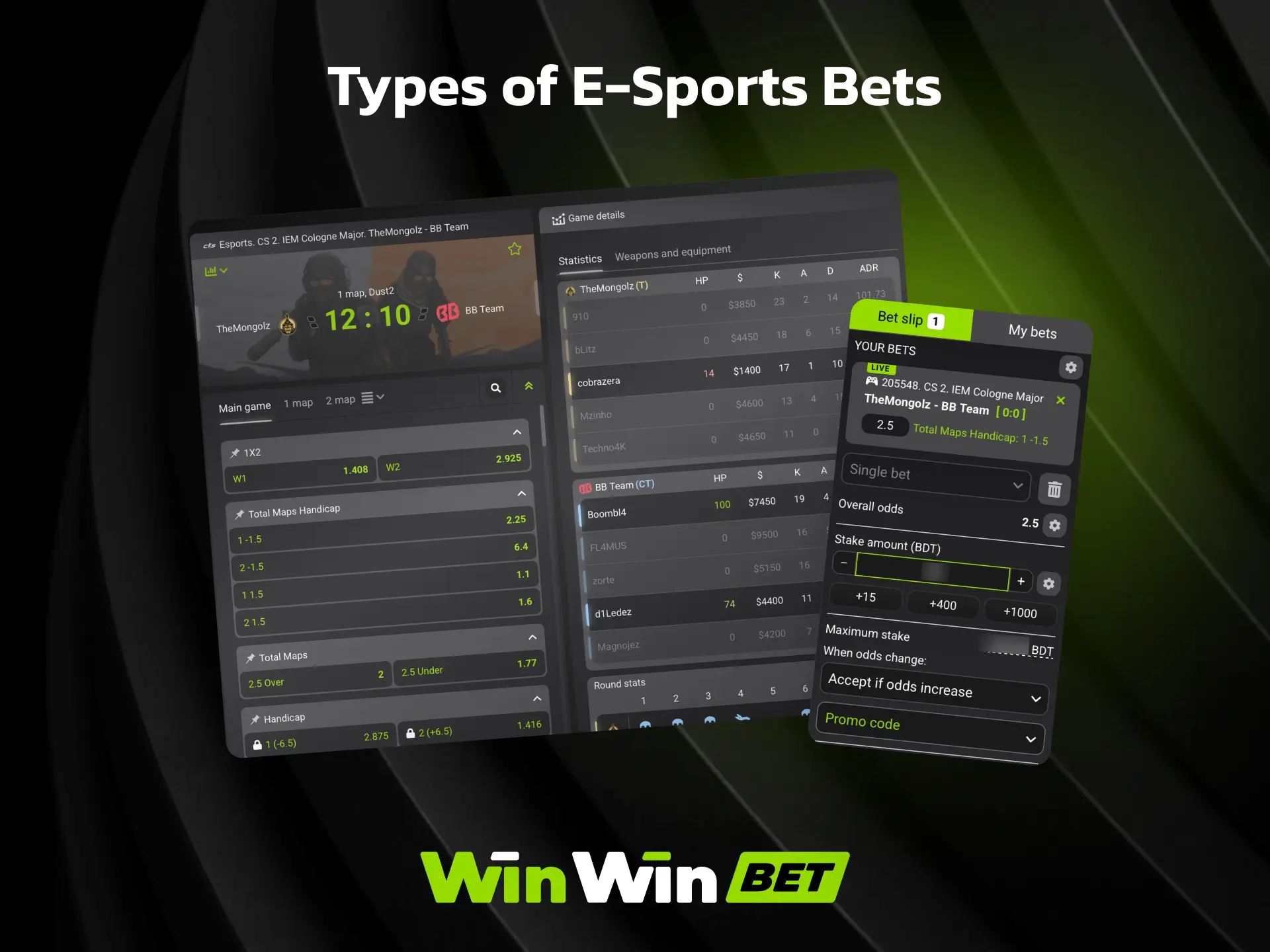 Types of e-sports bets on WinWin including match winner, map winner, and total rounds.