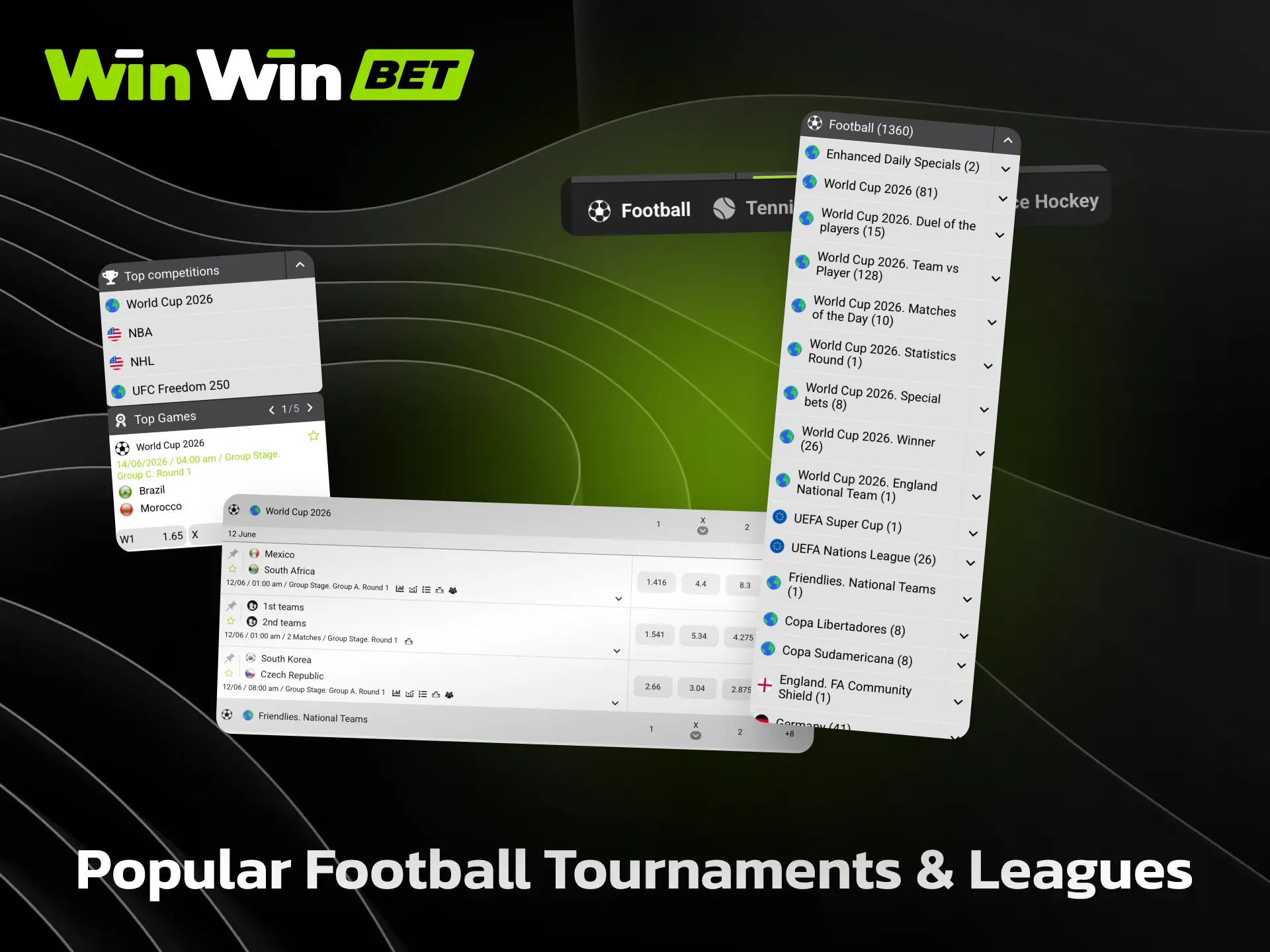 Popular football tournaments on WinWin including EPL, La Liga, and Champions League.