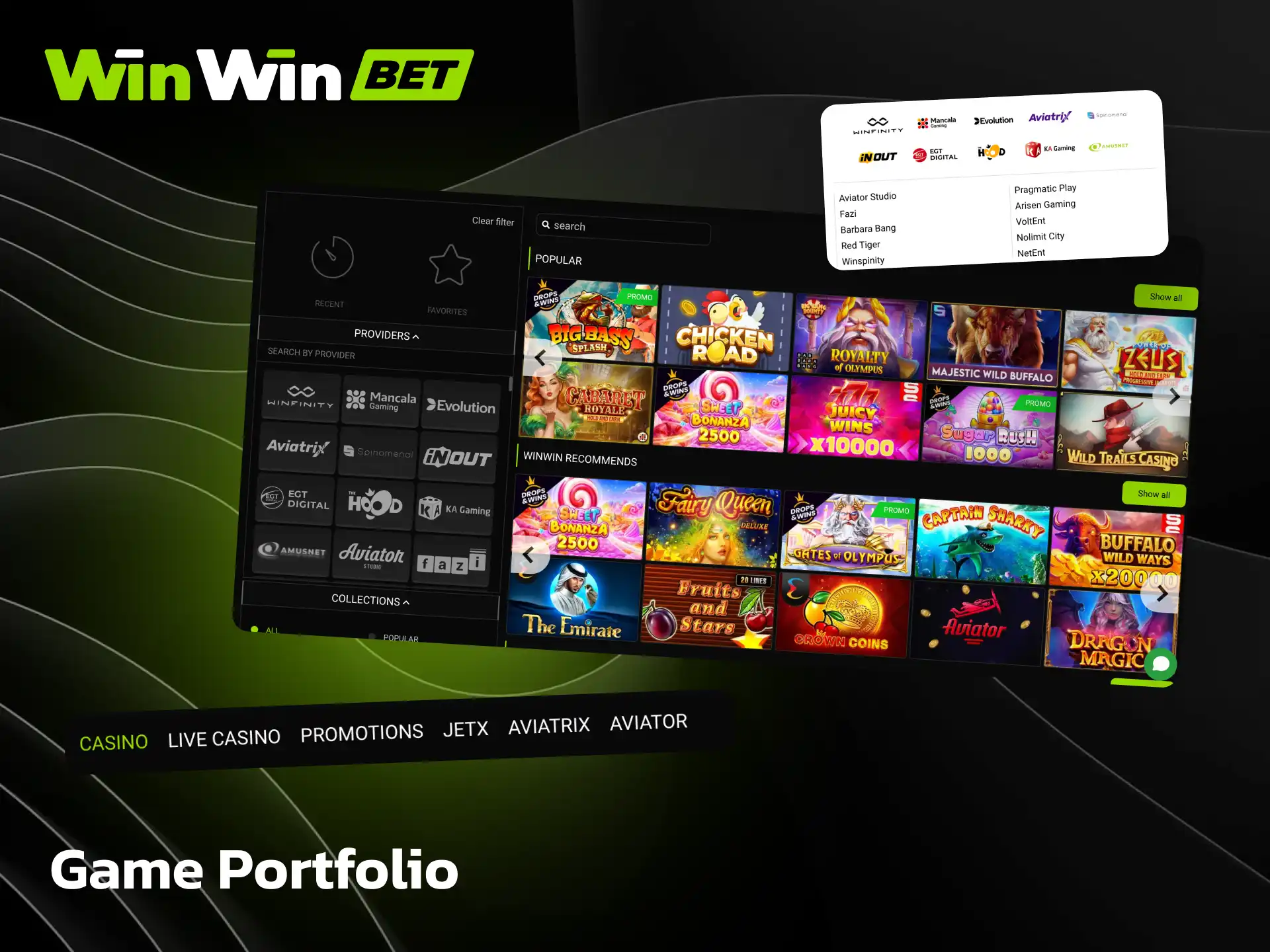 Game portfolio on WinWin including slots, crash games, table games, and live dealers.